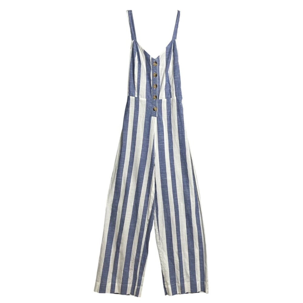 Japna Wide Leg Blue White Stripe Jumpsuit Women S Cotton Tie Back Preppy Coastal